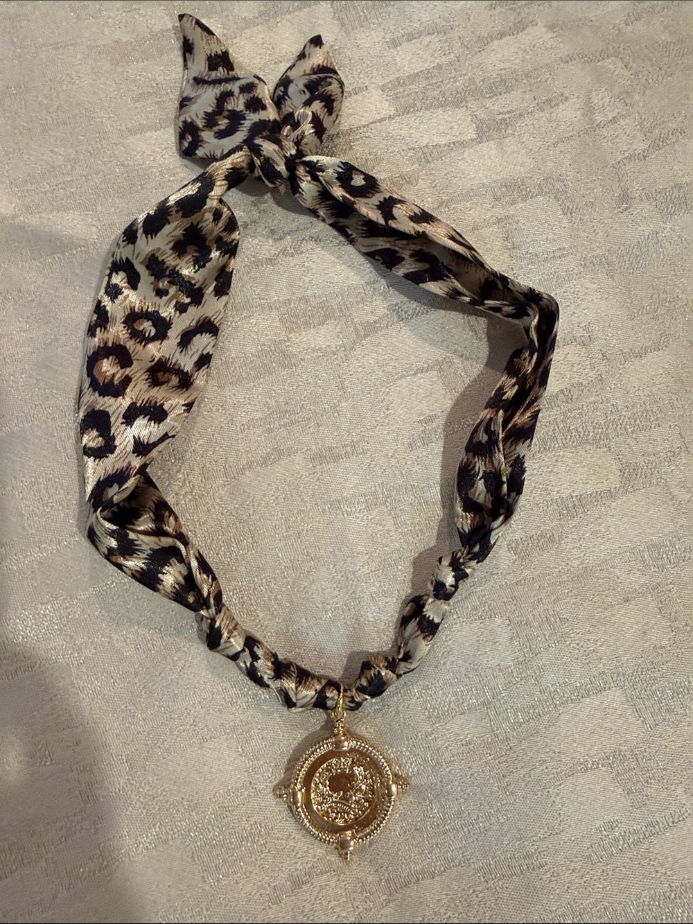 Gold Medallion Pendant Scarf - Leopard Print Satin